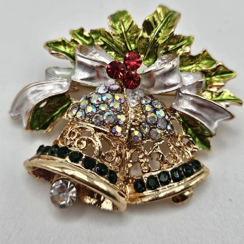 Rhinestone Accent Christmas Holiday Bells Gold Tone Brooch Pin Holiday